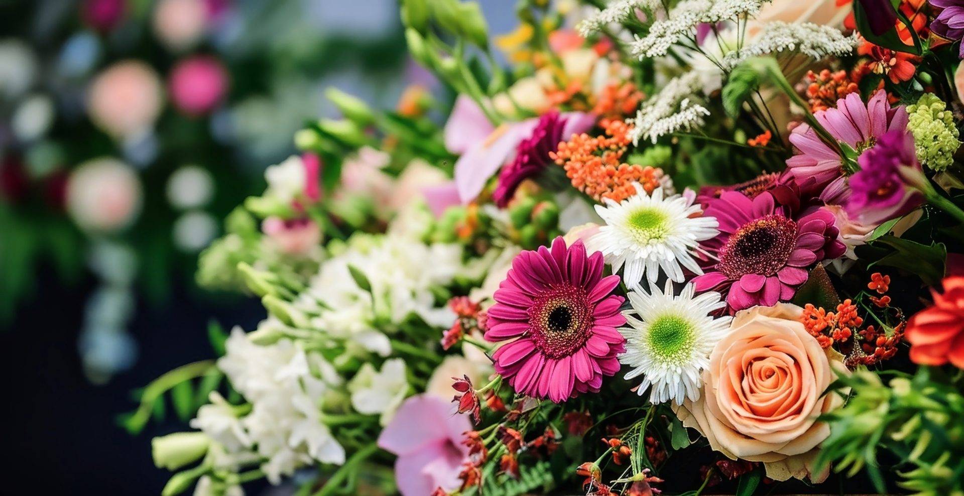 celebration of life A close-up of a colorful floral arrangement featuring pink gerbera daisies, white chrysanthemums, orange roses, and assorted greenery.