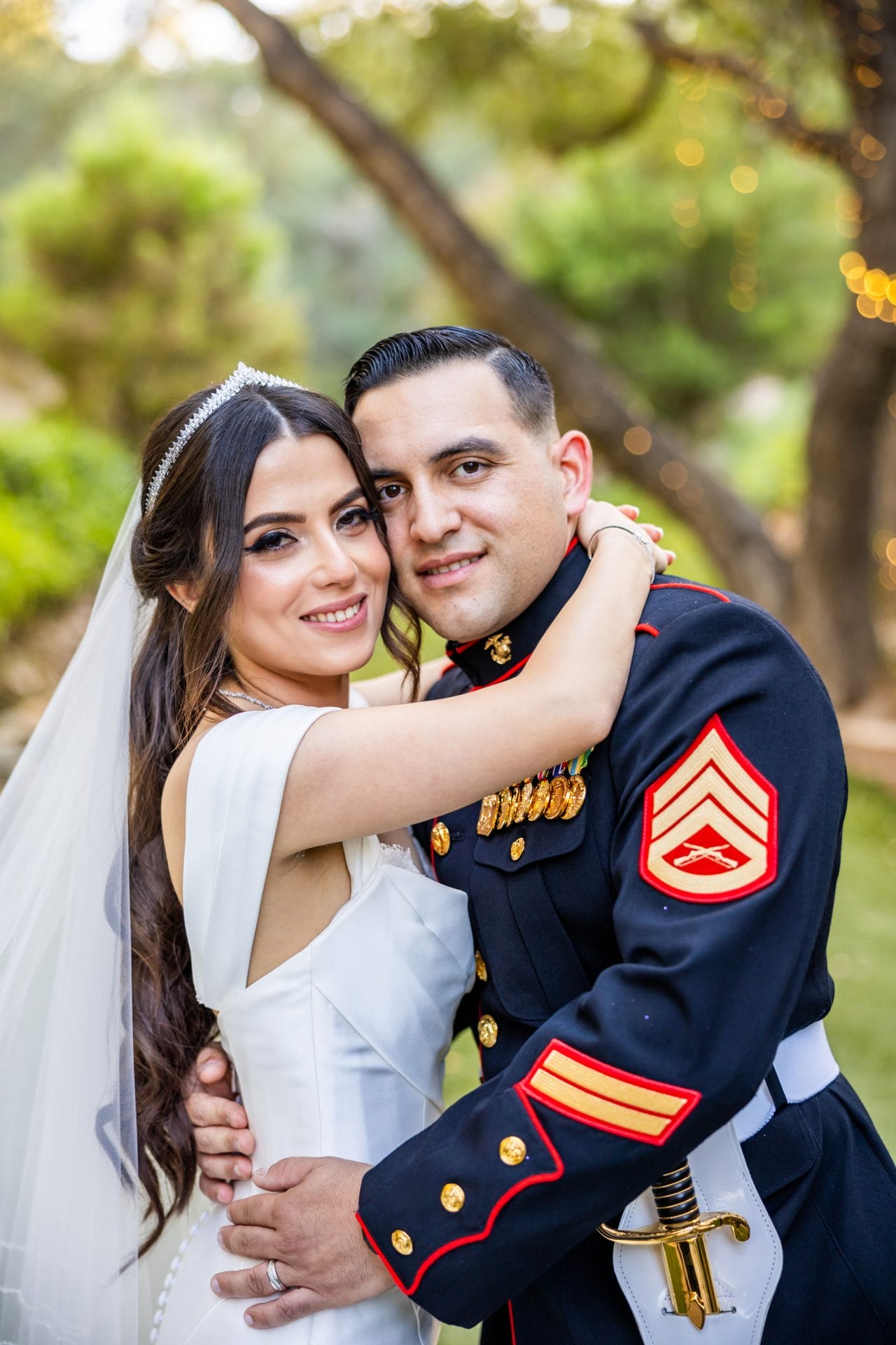 A smiling bride with her Marine Corps groom